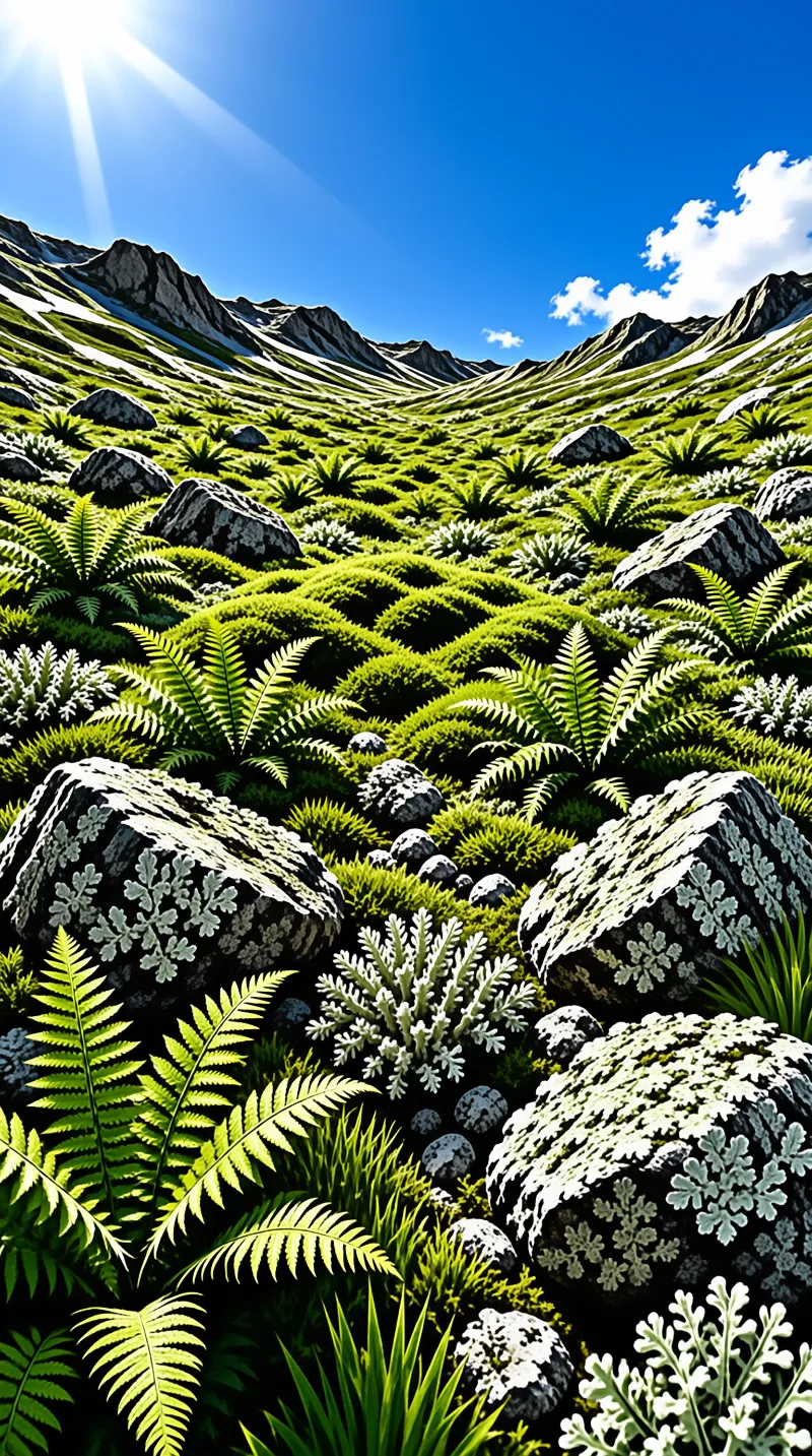 Bright sunlight illuminates a vibrant green valley filled with ferns and moss-covered rocks beneath snow-capped mountains.