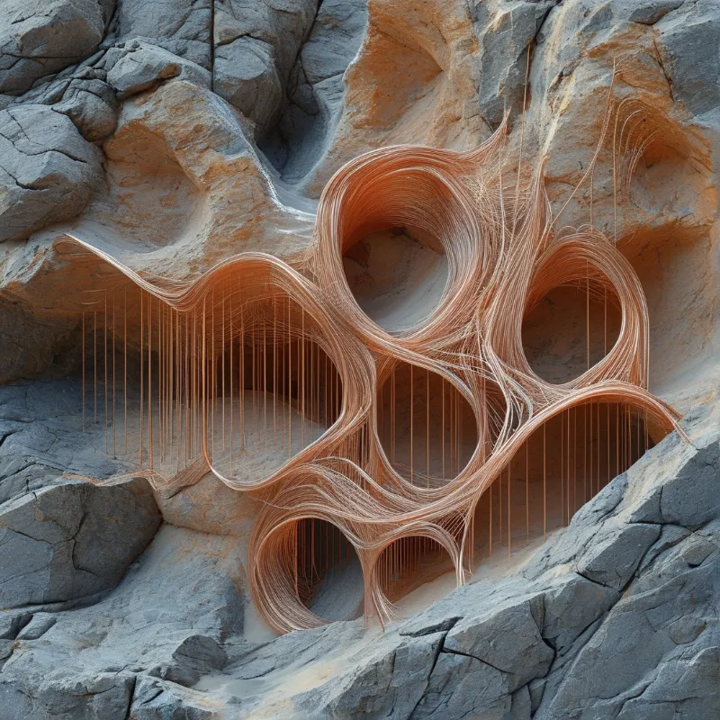 A dense lattice of fine copper wire curves into looping tunnels set against a rugged grey rock face