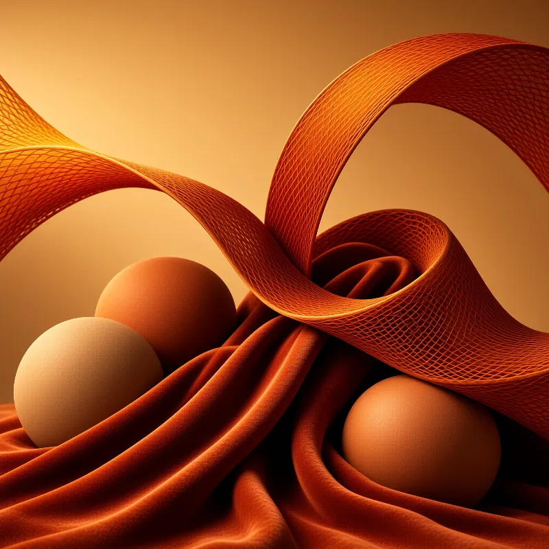 Warm orange mesh ribbons curve above smooth spheres resting on draped fabric folds.