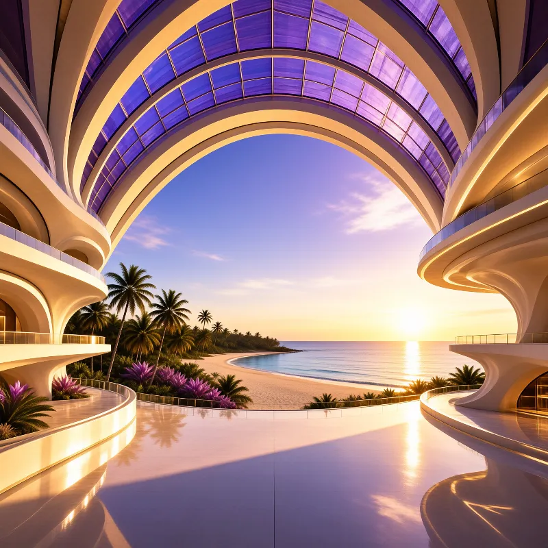 A futuristic white building with purple glass ceilings overlooks a golden sunset over the ocean and palm trees.