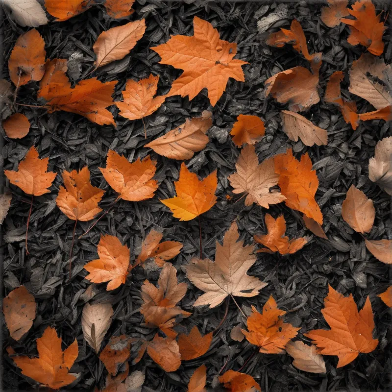 Orange and amber fallen leaves glow against a desaturated bed of dark mulch in this overhead autumn scene.