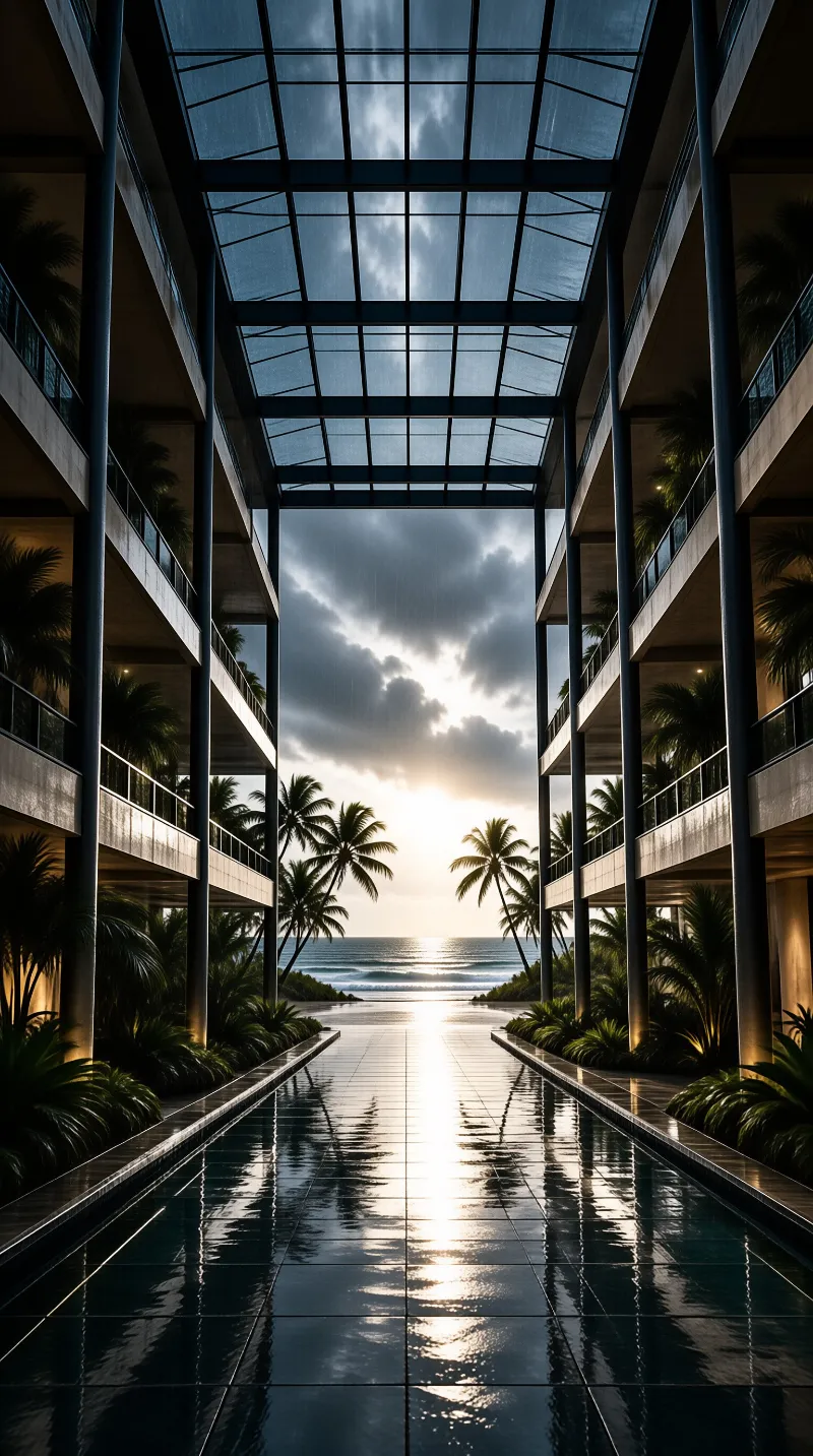 A long mirrored water channel runs between balconied floors and palms toward a bright sunlit horizon.