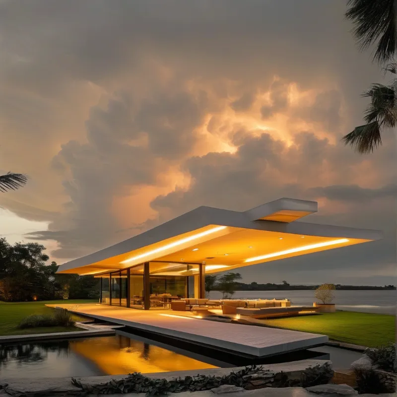 A minimalist cantilevered lakeside home glows with warm interior lighting under a dramatic amber-lit stormy twilight sky