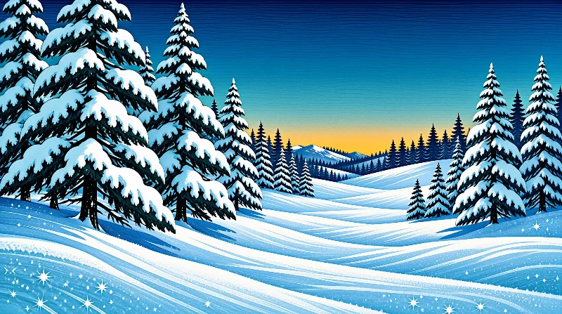Illustration of snow-covered evergreens lining a valley with a bright orange glow rising above distant snowy mountains.