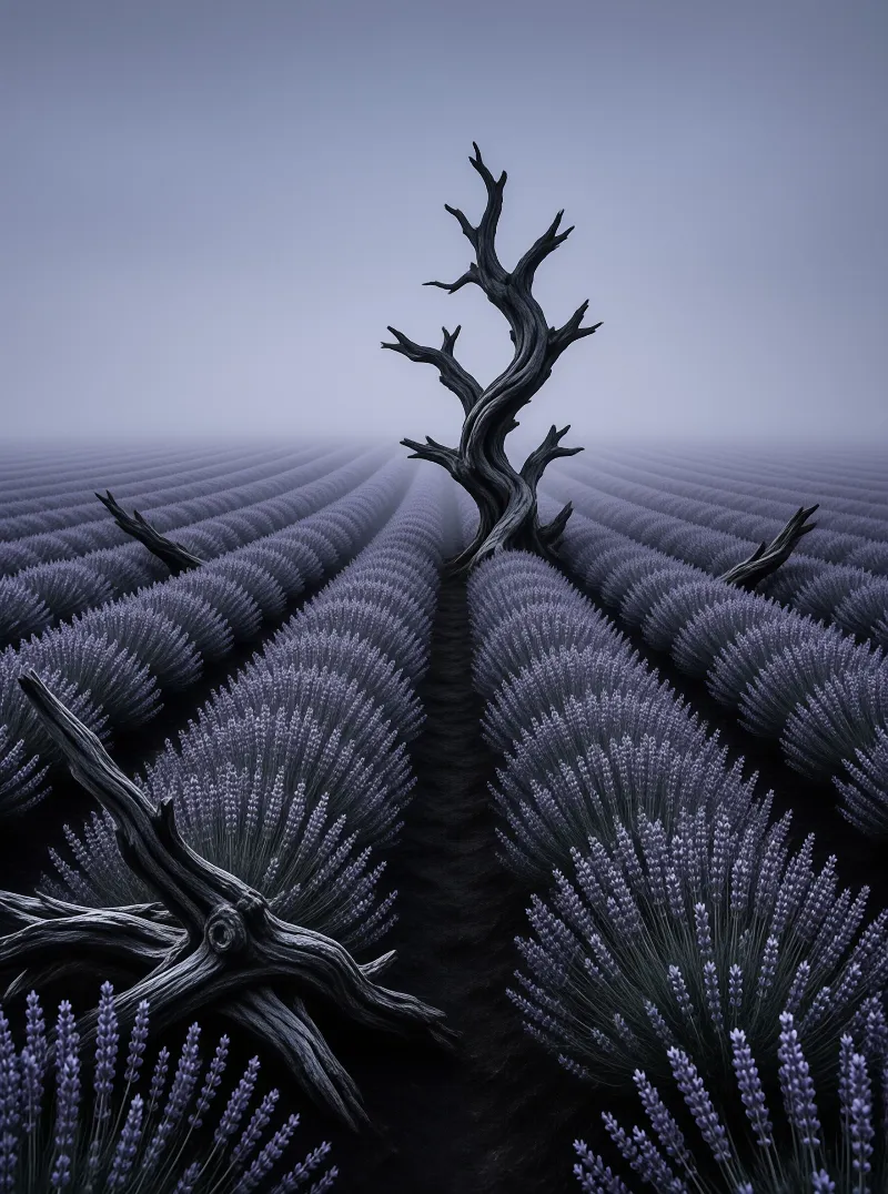 A dark twisted wooden branch stands vertically amidst endless rows of purple plants under a foggy blue sky.