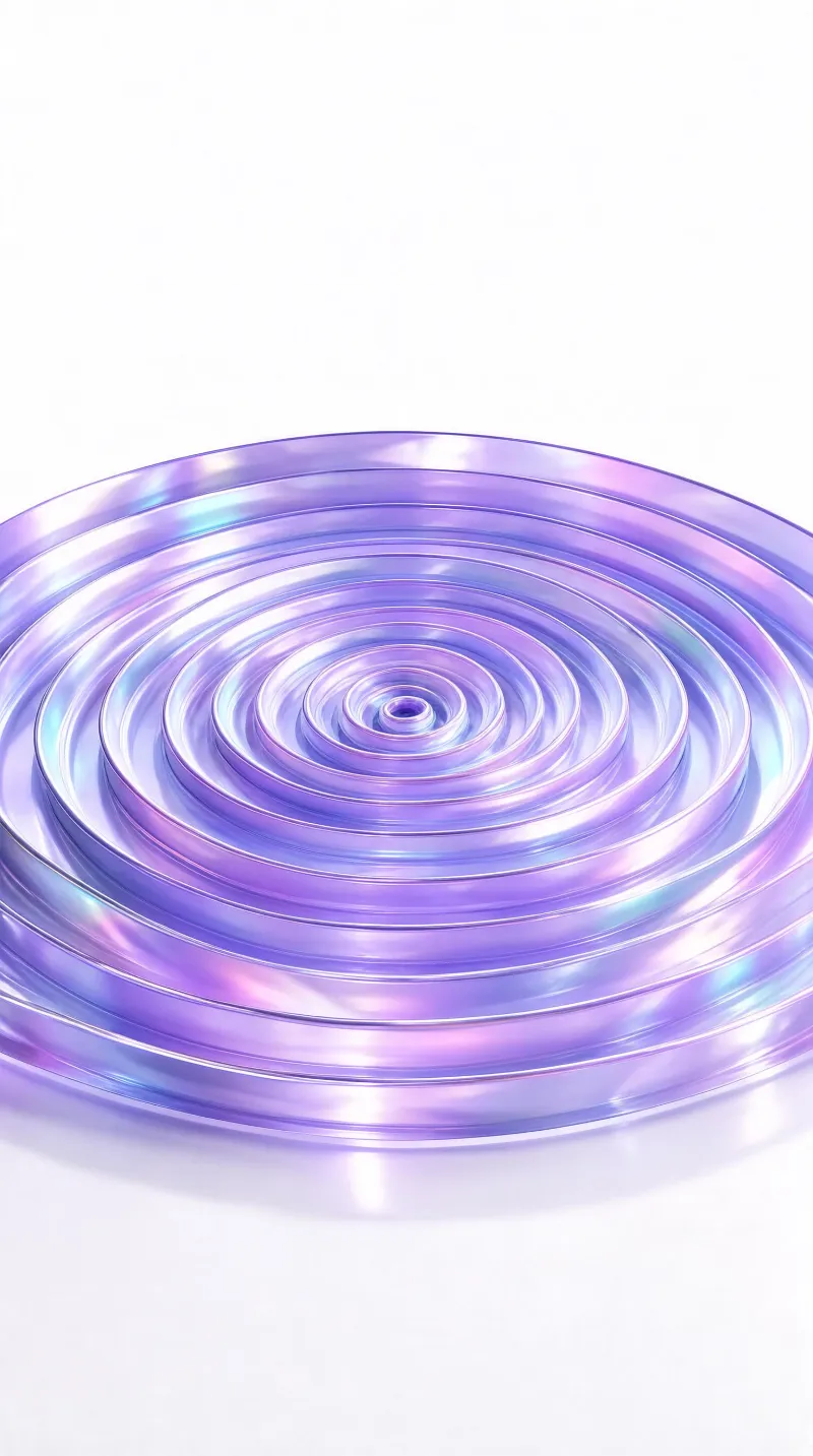 A series of concentric rings with iridescent purple and blue hues against a white background
