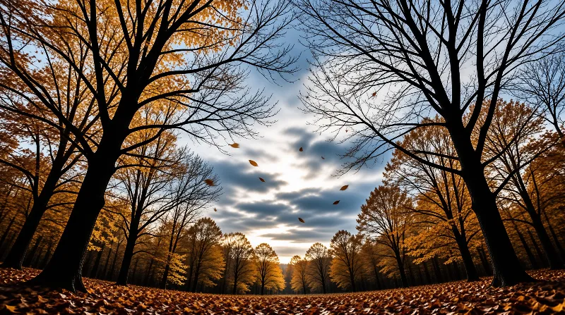 Tall dark trunks border a leaf covered clearing as amber foliage drifts towards a bright breaking light.