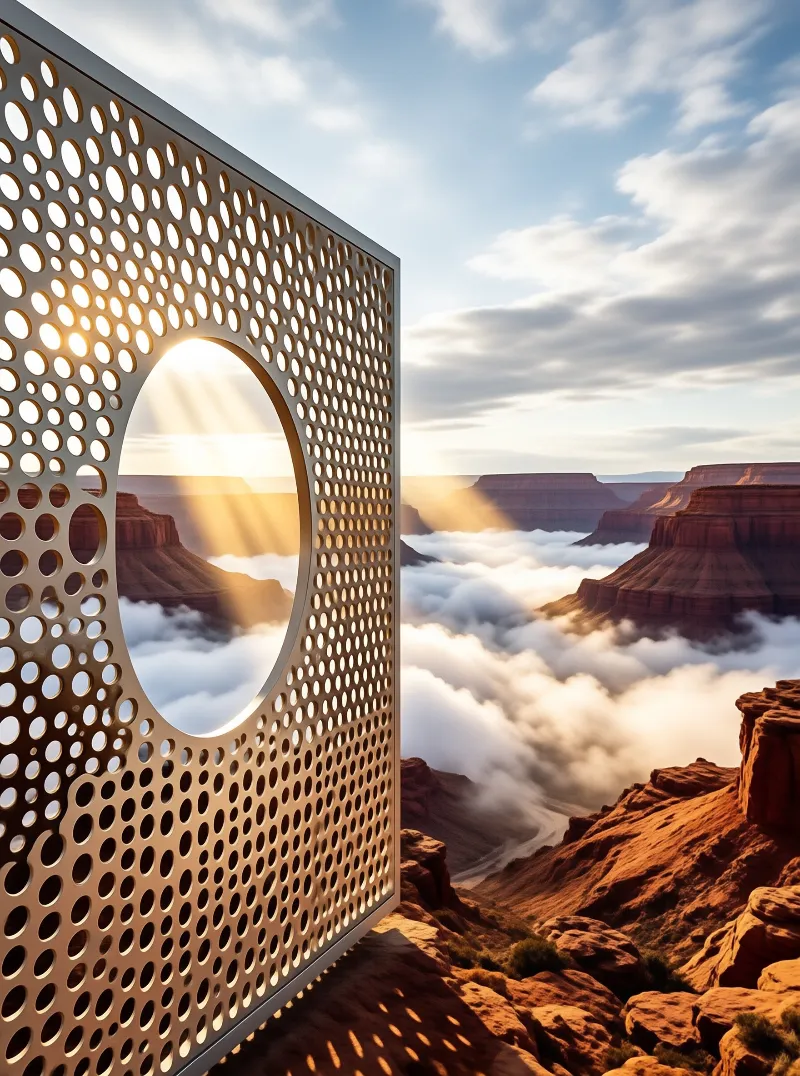 Perforated metal stands before red canyon with low clouds as golden sunbeams stream through its large circular cutout.