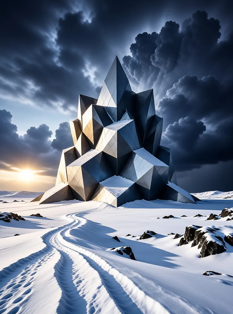 A faceted multi-part metal sculpture sits atop a snow covered plain, with a winding footpath leading to it as low sun breaks through dark storm clouds.