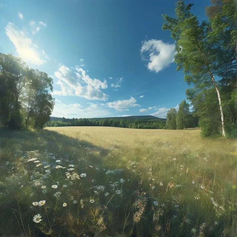 Wide open meadow stretches between trees with white wildflowers blooming in foreground under bright blue sky.