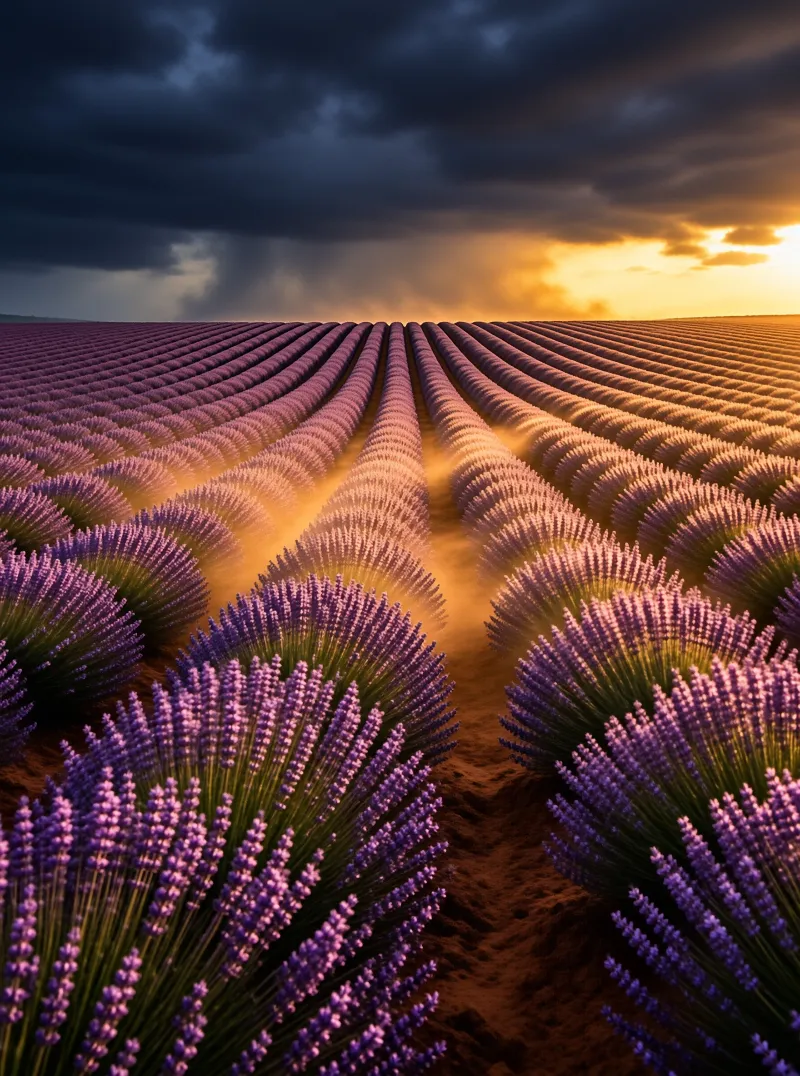 Neat rows of purple lavender extend toward the horizon where bright sunlight breaks through dark clouds.