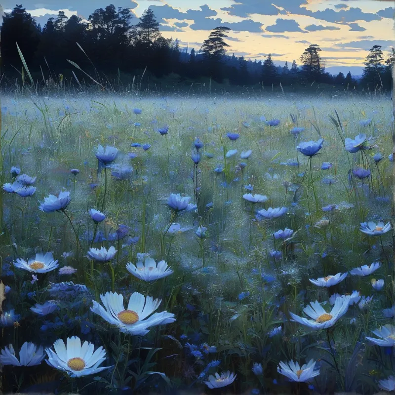 White and pale blue daisies bloom across a mist-filled grassland backed by a dark conifer forest under a soft warm sunset sky