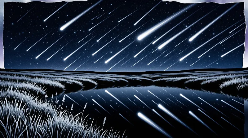 A night sky filled with streaking meteors is mirrored perfectly in the calm water of a grassy marshland.