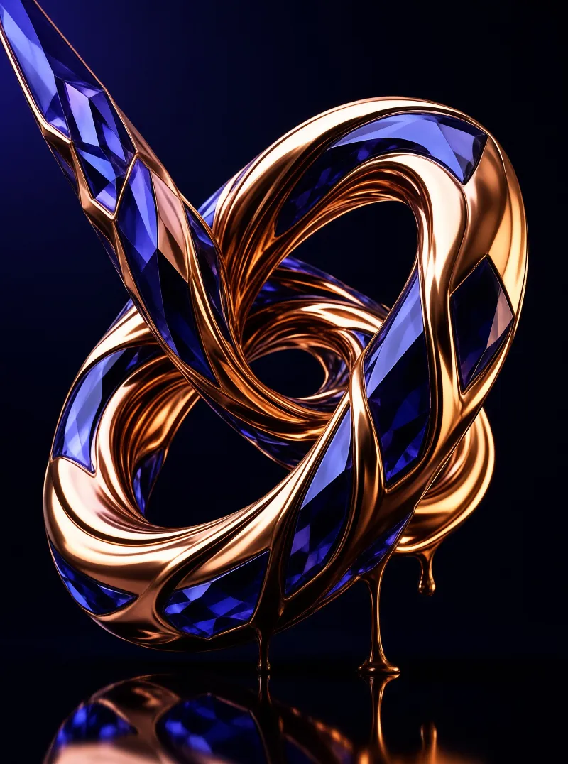 Twisted copper form with blue sapphire inlays against dark background lit to emphasize glossy curves and gem details