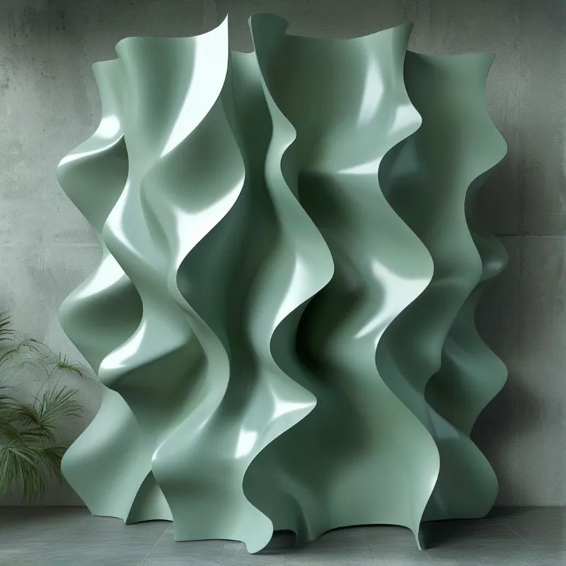A large sage green wavy installation sits on a tiled floor against a raw concrete wall with soft lighting.