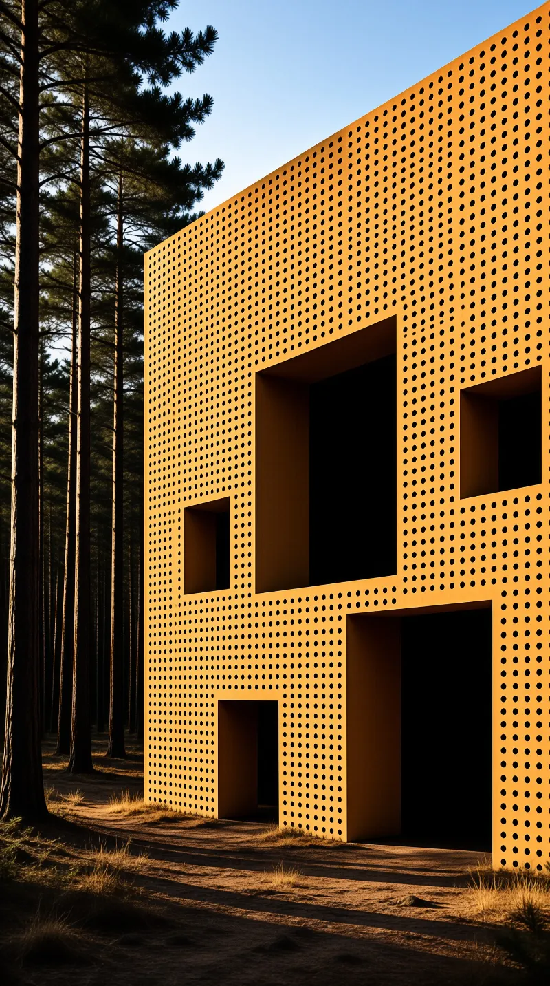 A bright orange building with a pattern of circular holes stands among tall pine trees with long shadows on the ground.