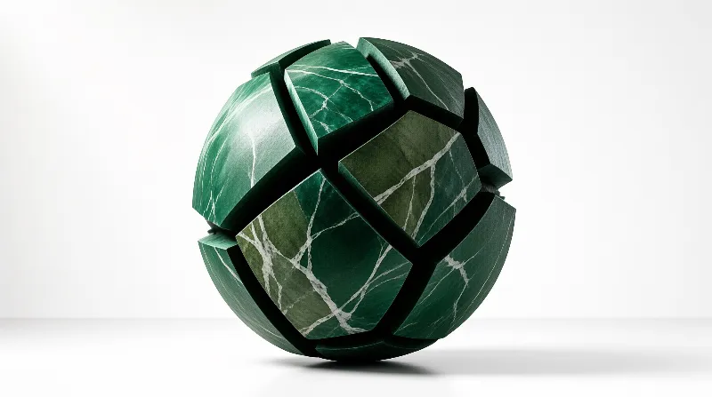 A polished green stone ball built from beveled blocks sits on a studio floor, its white veins spreading like cracked ice.