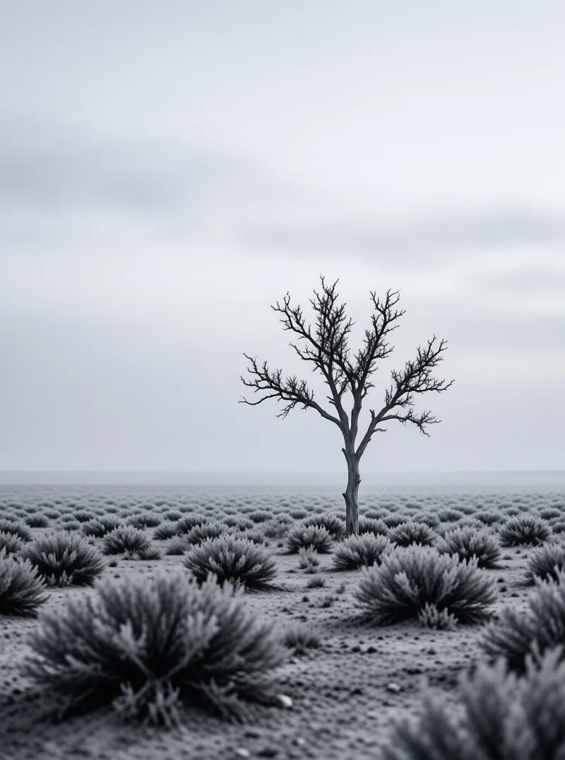 A leafless tree rises above silvery sagebrush mounds beneath a heavy grey winter sky in a quiet desert basin.