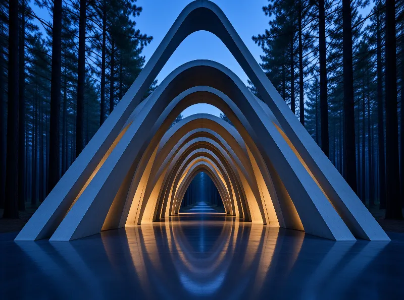Nested pale wooden arches form a luminous corridor glowing amber at dusk framed by tall dark pines under deep blue sky.