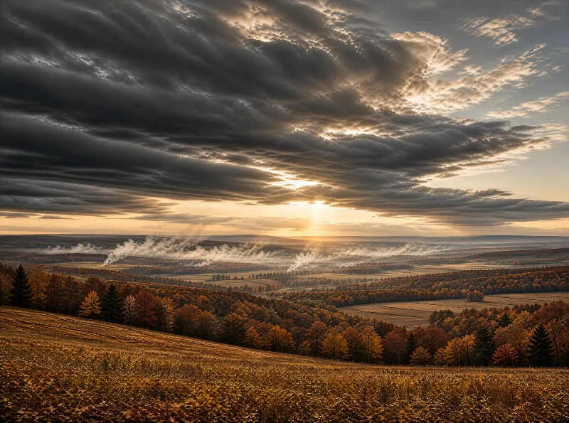 Autumn Landscape with Sunset and Smoke