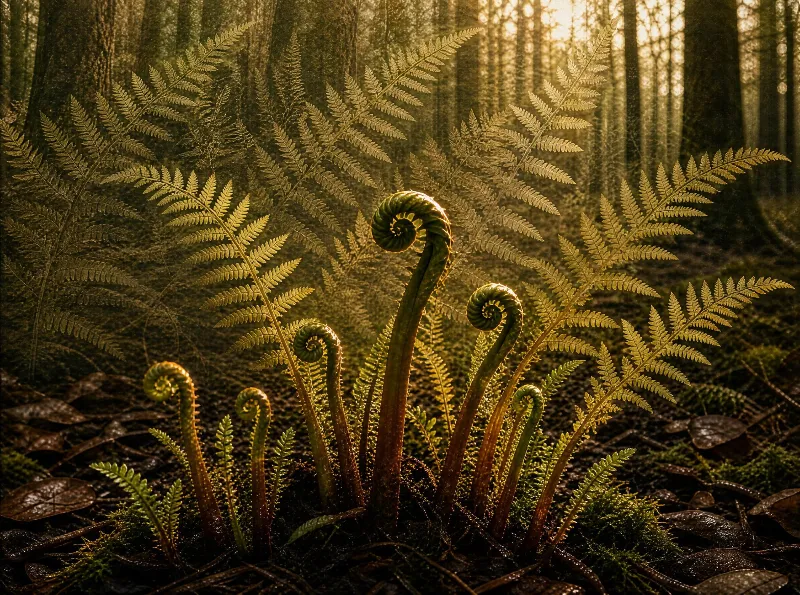 Young fern fronds curling in a forest bathed in warm golden sunlight, with tall trees and mossy ground