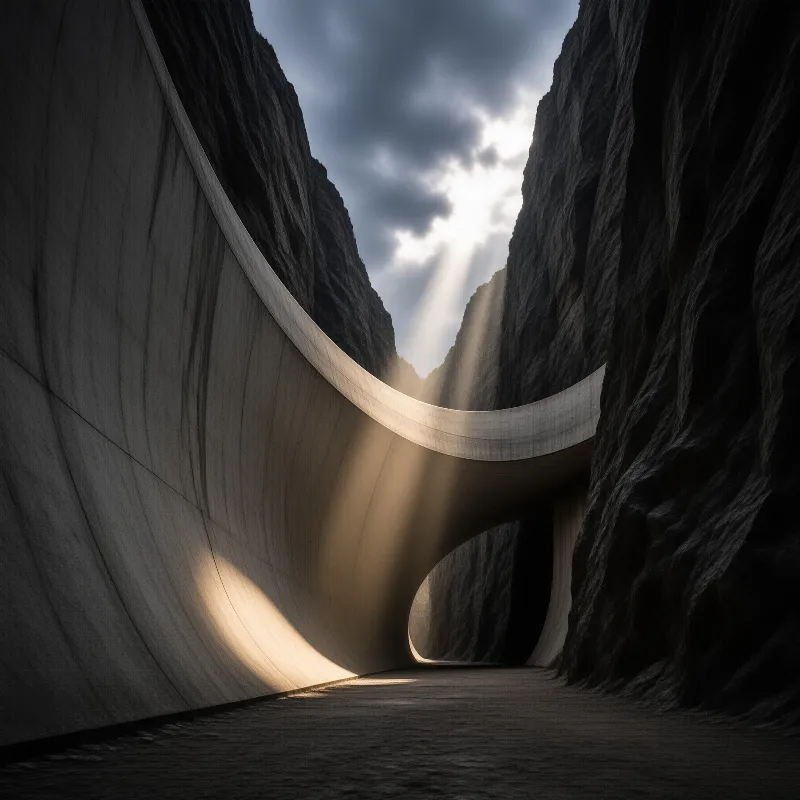 A curved concrete arch bridge spans a dark rocky canyon while beams of sunlight break through the clouds above.