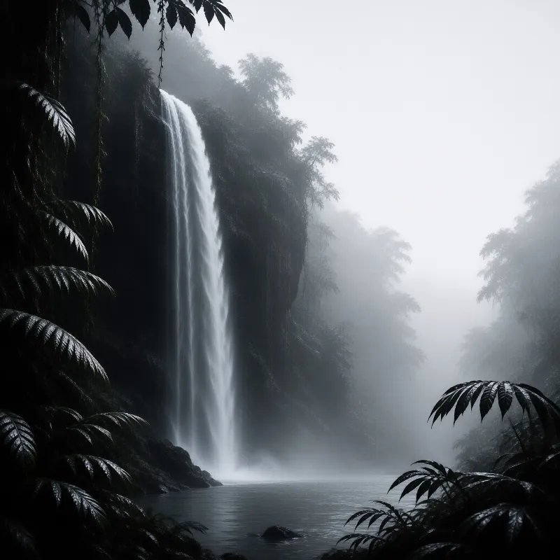 A slender waterfall descends into a misty pool surrounded by dark ferns in a high contrast monochromatic landscape.