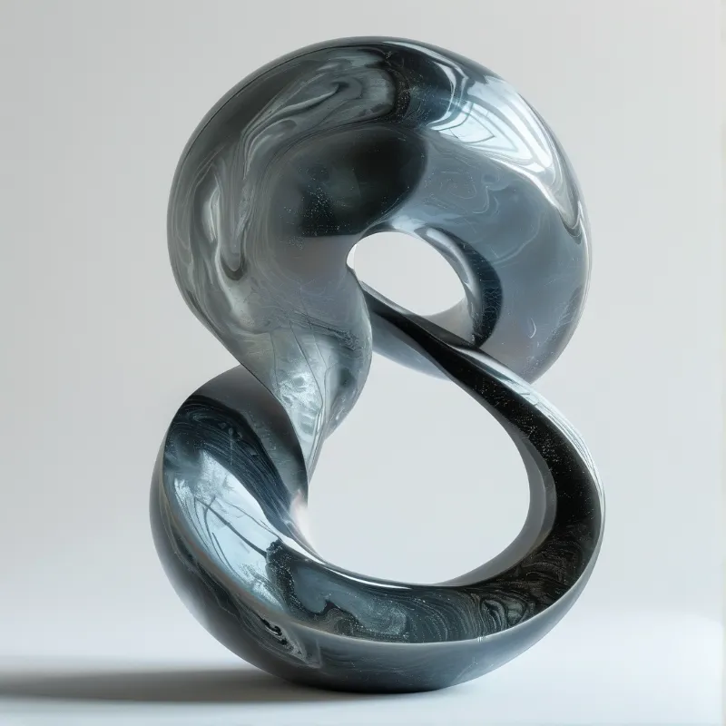 A glossy twisted loop sculpture sits on white with soft highlights and marbled dark internal patterns.