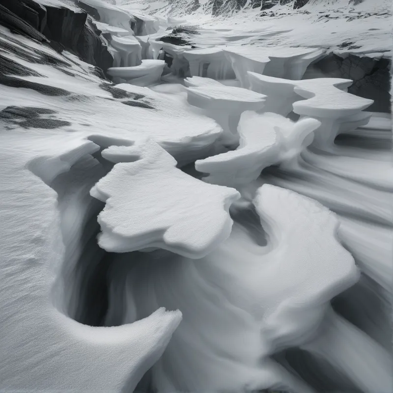 Wind sculpted snow forms smooth mushroom like terraces over dark icy crevices in a stark black and white mountain scene