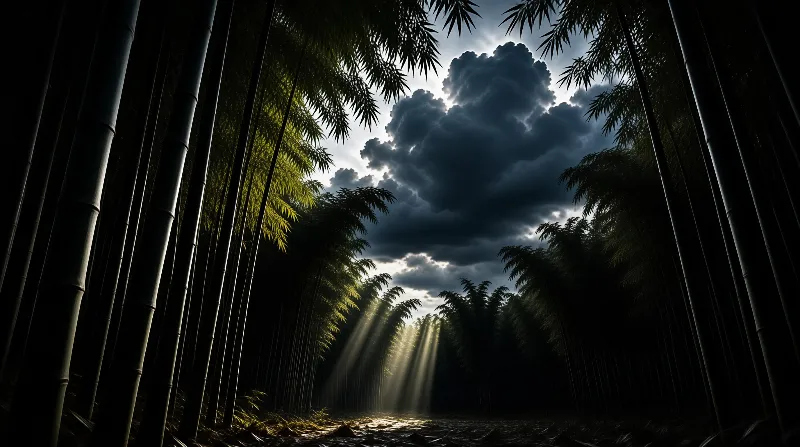 Tall bamboo stalks frame a dark stormy sky, and golden sunbeams break through clouds to fall on the forest floor below.