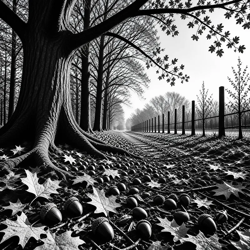 A black and white view of massive oak roots and scattered acorns on a dirt trail bordered by a wooden fence.