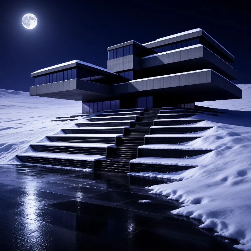 Cantilevered concrete volumes and broad snowy steps face a dark polished plaza lit by the moon at night.