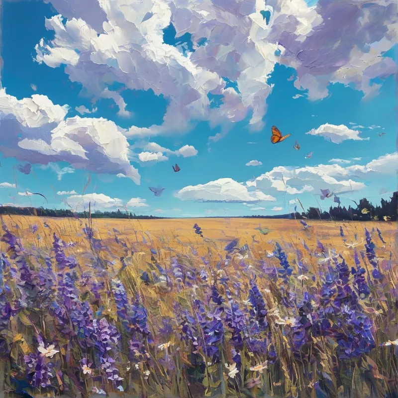 Purple wildflowers populate a golden meadow beneath a bright blue sky filled with clouds and butterflies.