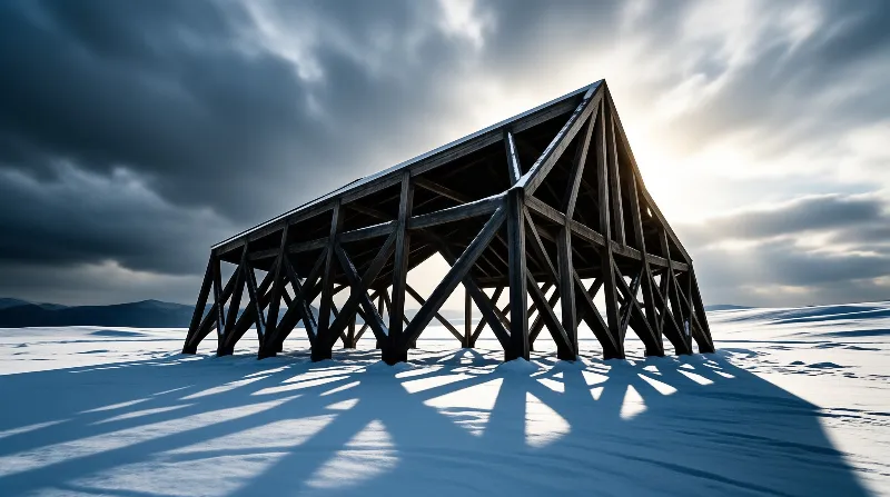 A bare wooden house frame stands isolated on a frozen snowy plain casting sharp shadows under a dramatic sky.