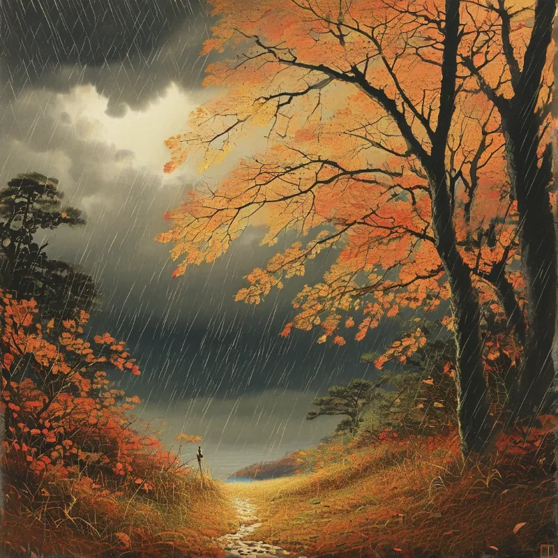 A landscape scene showing bright orange autumn foliage along a wet path while dark clouds and rain dominate the sky.