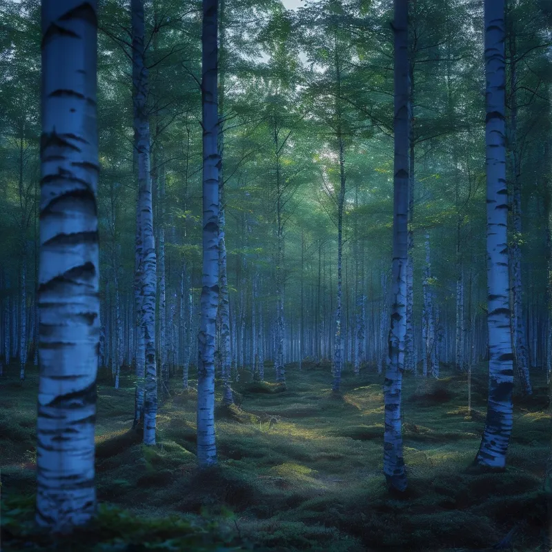 White birch trunks rise vertically through a dark woodland while soft blue sunlight filters through the canopy.