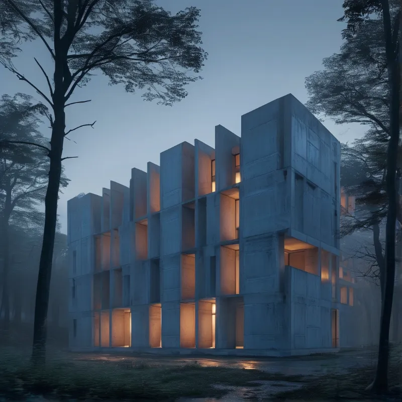 Geometric concrete structure with glowing windows in foggy woods during twilight