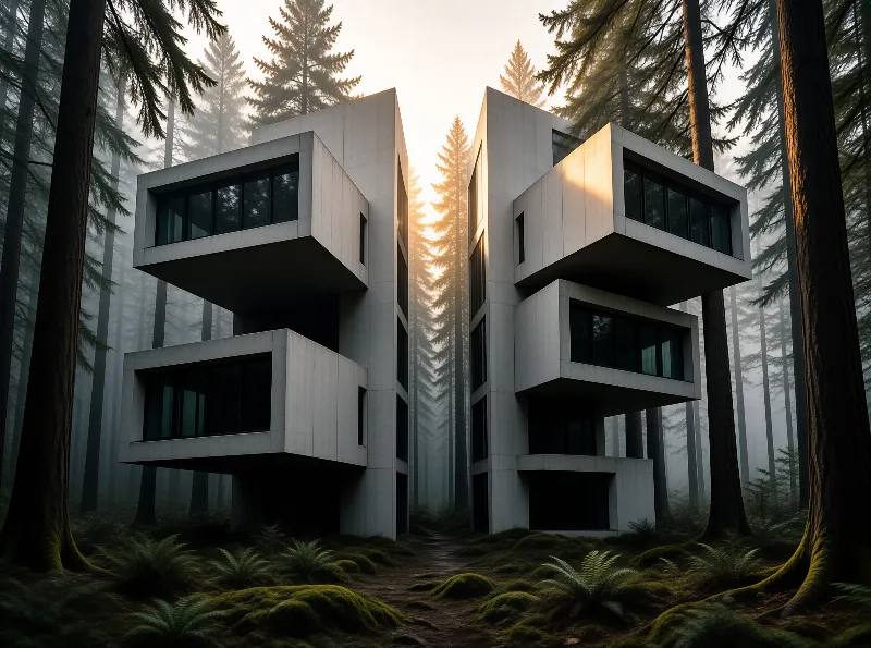 Symmetrical concrete buildings rise from a mossy forest floor bathed in soft morning mist and golden sunlight.