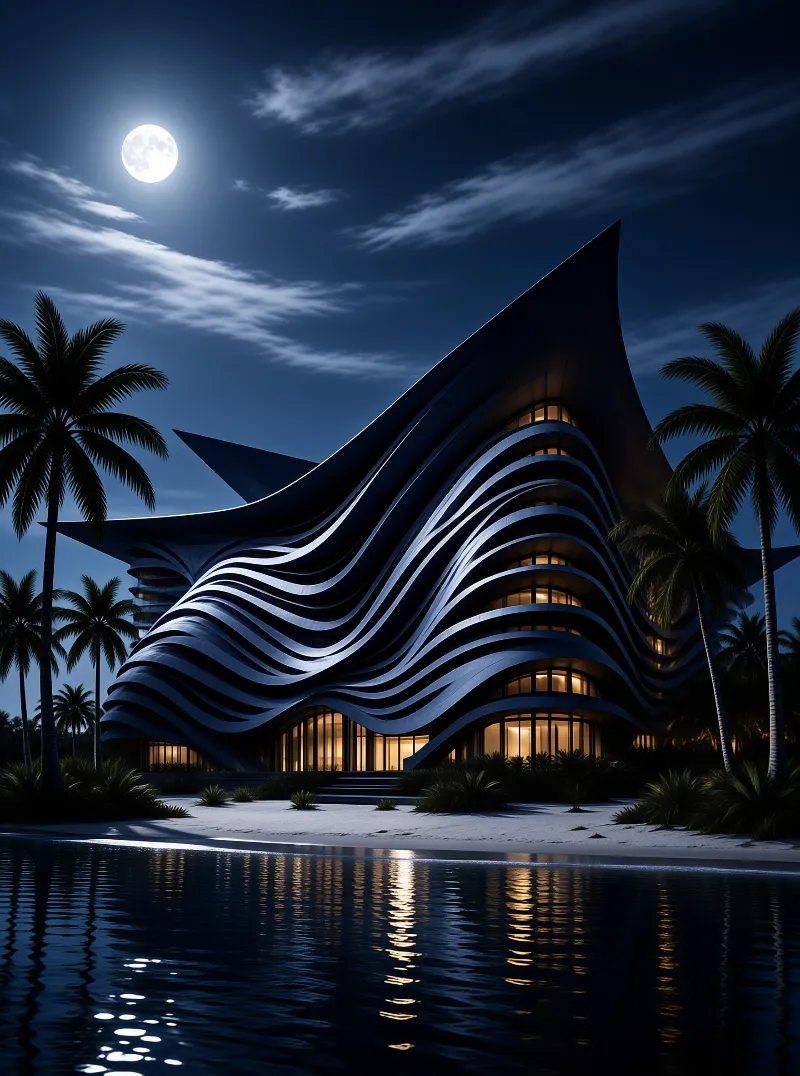 Curved building with warm interior lighting sits near palm trees while a bright full moon illuminates the water below.