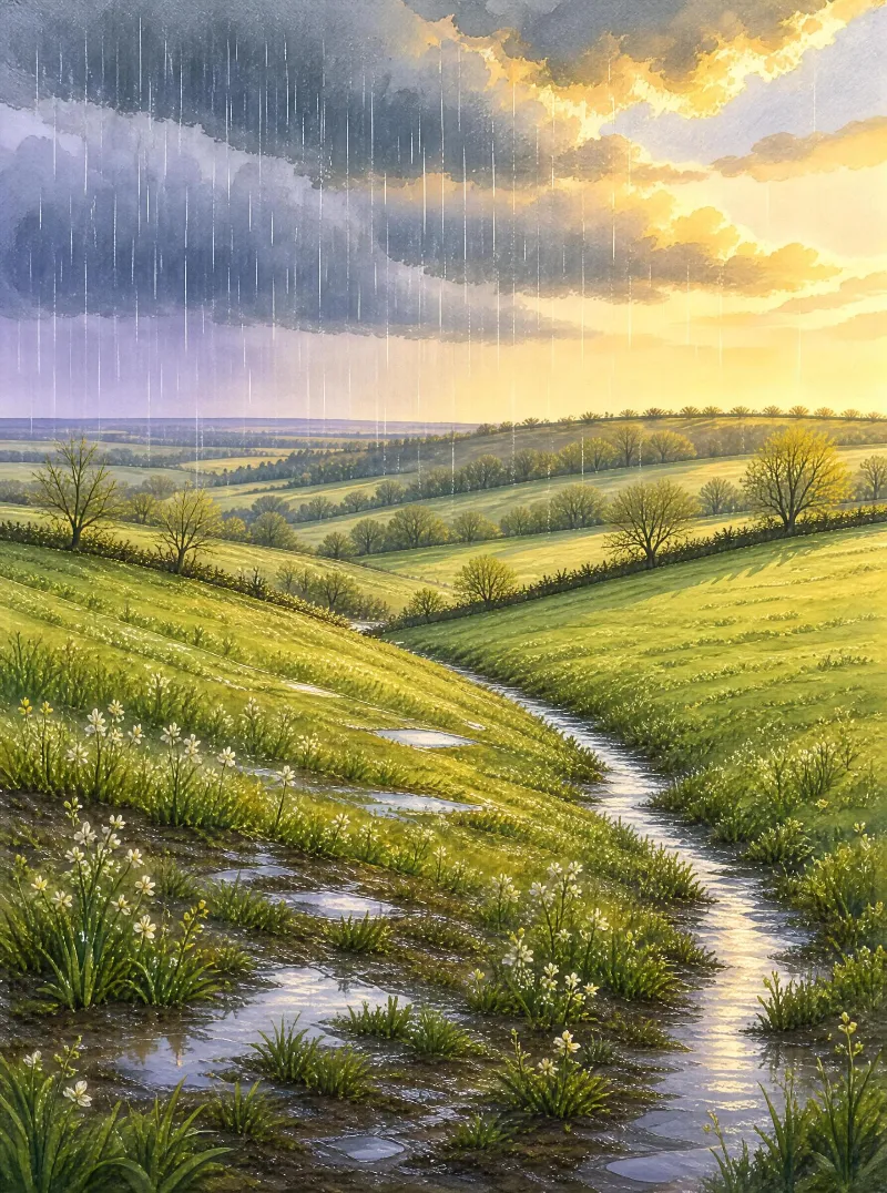A winding stream flows through green, hilly countryside under a sky with rain and a setting sun, with white flowers along the banks.