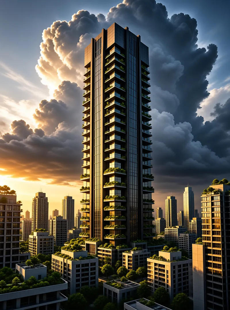 Vertical Green Tower at Sunset