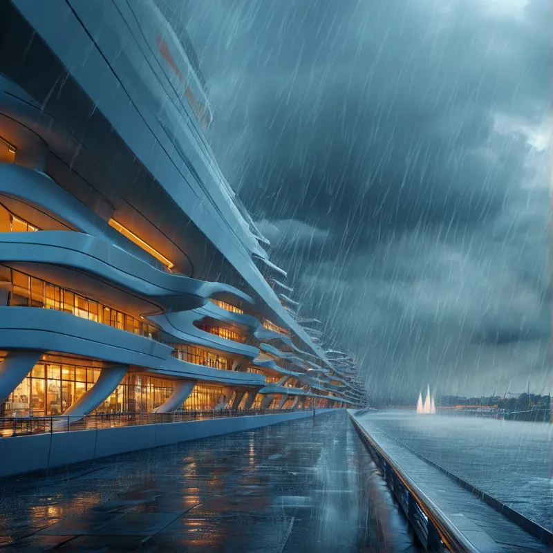Curved waterfront building has warm glowing windows during heavy rain, its light reflected on the slick wet promenade.