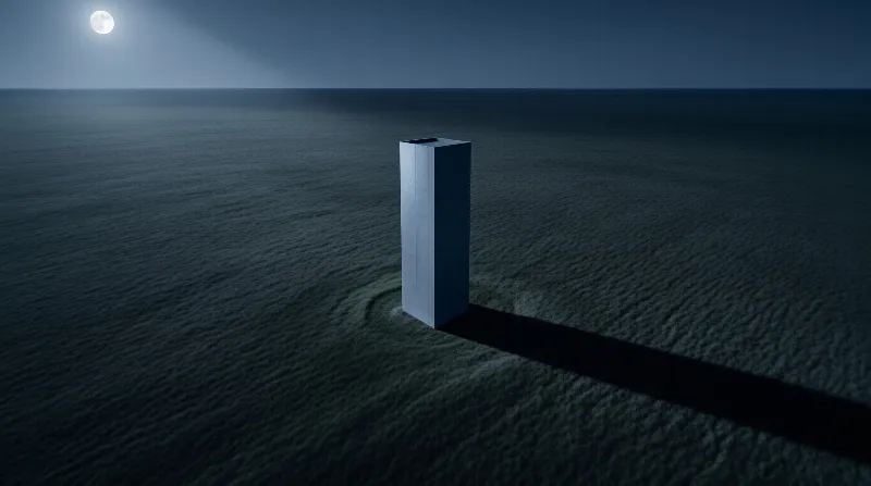 A tall rectangular column rises from rippled dark ground beneath a glowing full moon in a calm night sky.