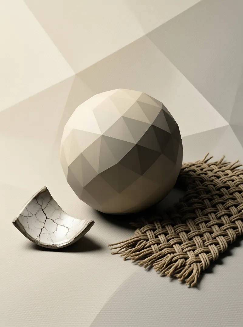 A faceted beige sphere rests near a broken ceramic fragment and a fringed woven mat under soft lighting.