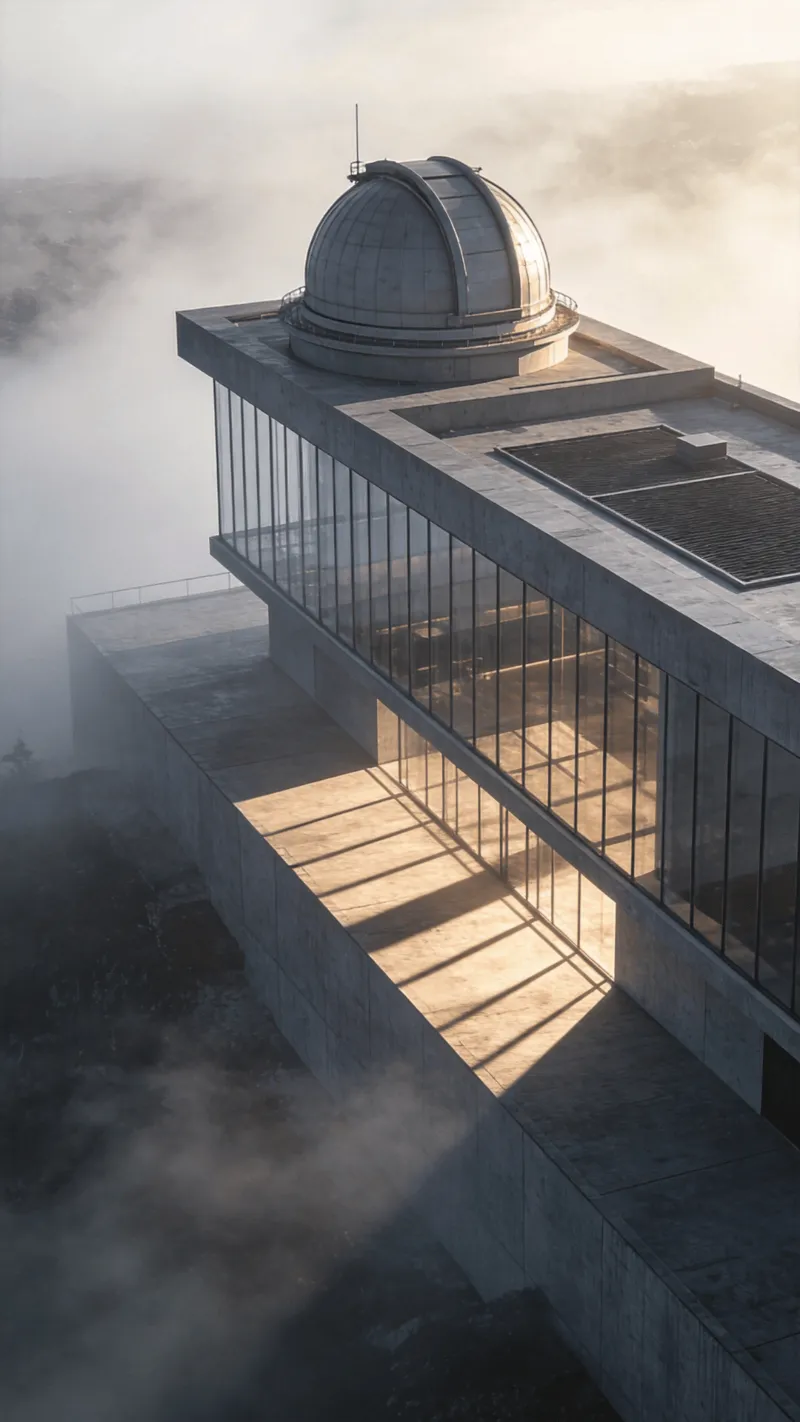 Observatory with Glass Curtain Wall — Foggy Morning