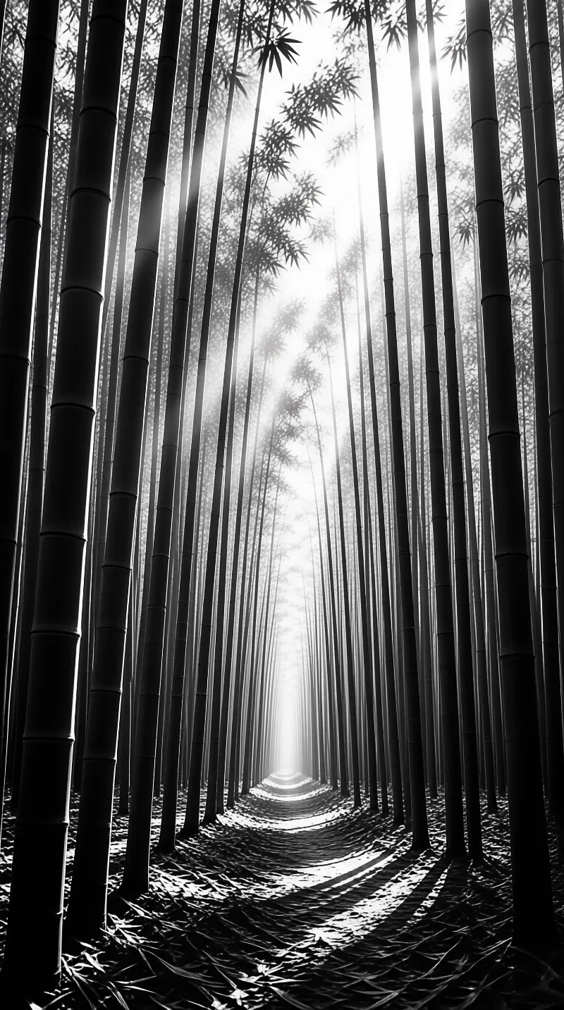 Tall dark bamboo stalks line a winding path as bright sunlight filters through the canopy above.