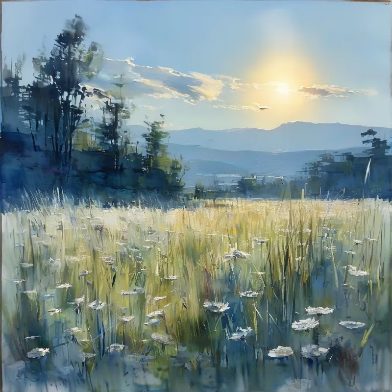 Loose impressionist brushstrokes capture glowing grasses and scattered white blooms below soft blue mountains.