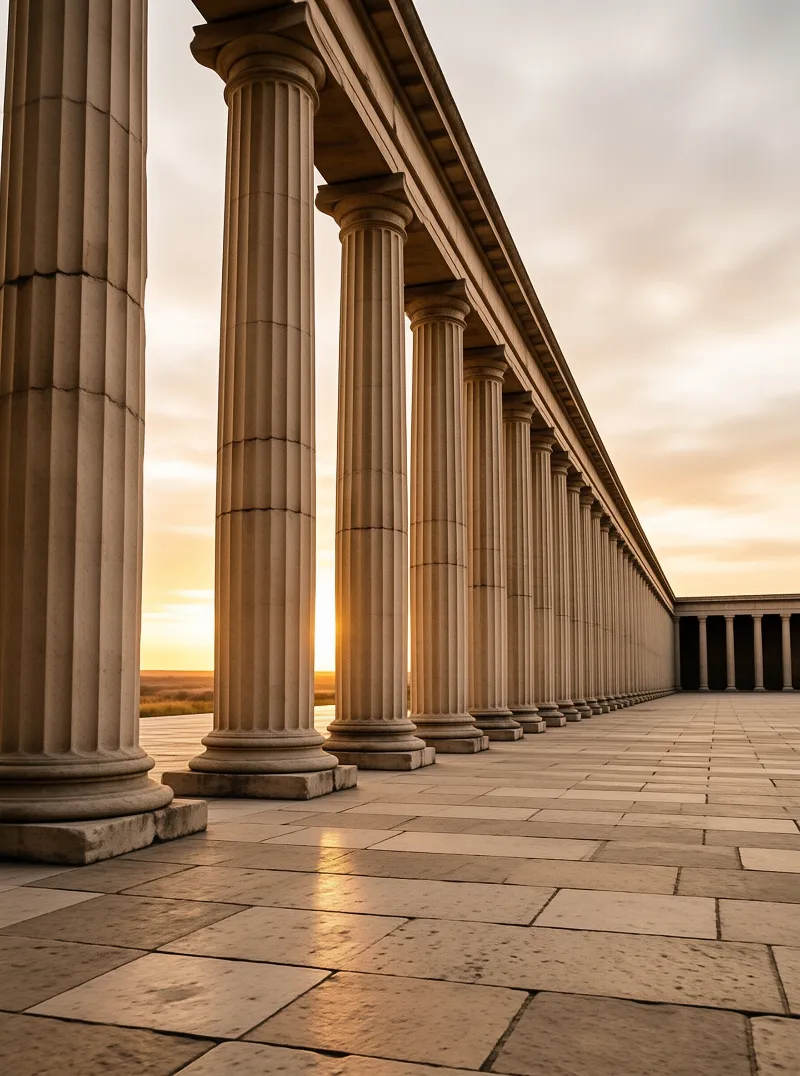 A row of fluted classical columns lines a stone terrace as warm evening light casts long reflections across the paved ground.