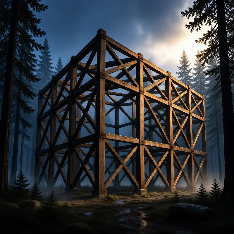 Unfinished wooden house frame standing in a misty forest with sunlight breaking through clouds.