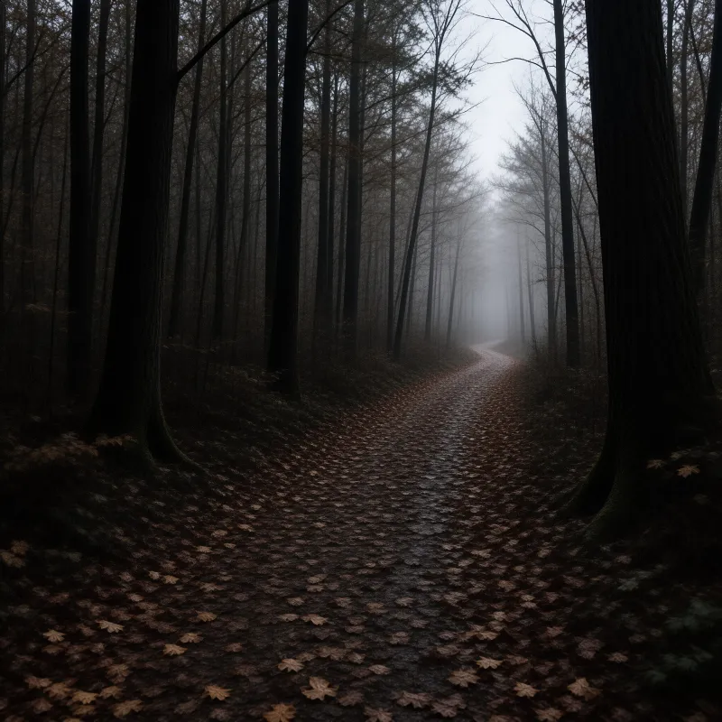 Tall dark trees line a muddy path scattered with brown leaves leading toward bright foggy distance.
